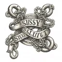 words "sissy slut" with a chain intertwined in the letters with both ends of the chain locked by a pad lock. tattoo design idea