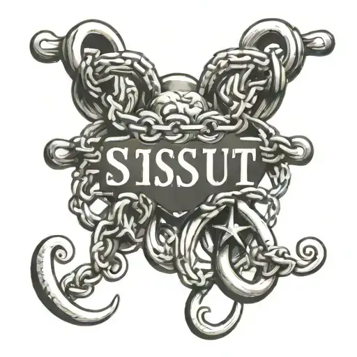 words "sissy slut" with a chain intertwined in the letters with both ends of the chain locked by a pad lock. tattoo design idea