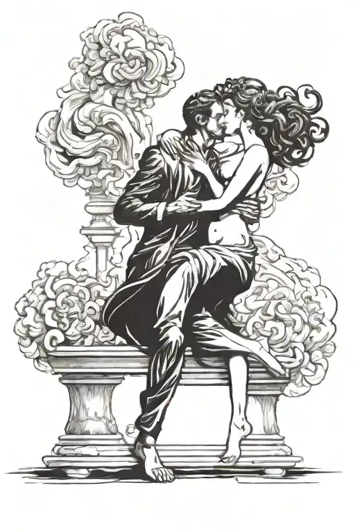 statues slow dancing/woman slow dancing with a statue on a bed of ashes with a puff of smoke behind them tattoo design idea
