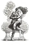 statues slow dancing/woman slow dancing with a statue on a bed of ashes with a puff of smoke behind them tattoo design idea