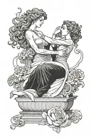 statues slow dancing/woman slow dancing with a statue on a bed of ashes with a puff of smoke behind them tattoo design idea