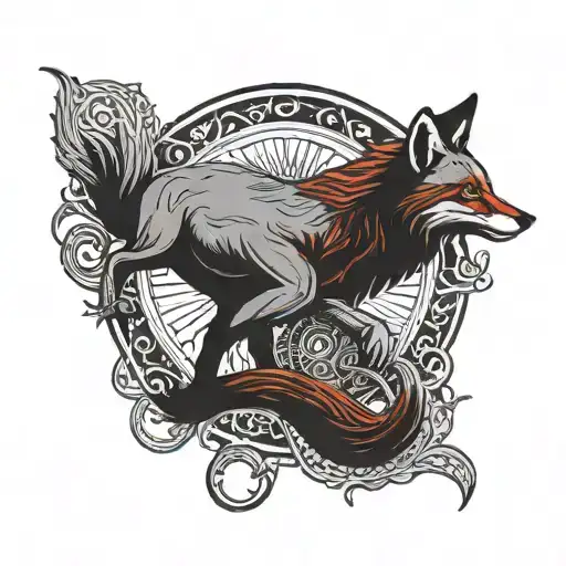 Ouroboros fox tarot devil in red and blue tones tattoo design idea