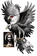 a sleeve with an eagle with a red eye scratching below that i want the albanian eagle next to a small picture of jesus b tattoo design idea