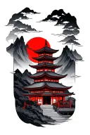Slanted pagoda (detailed, 3-5 tiers).Red sun, jagged mountains.Black/gray shading + red accents. tattoo design idea