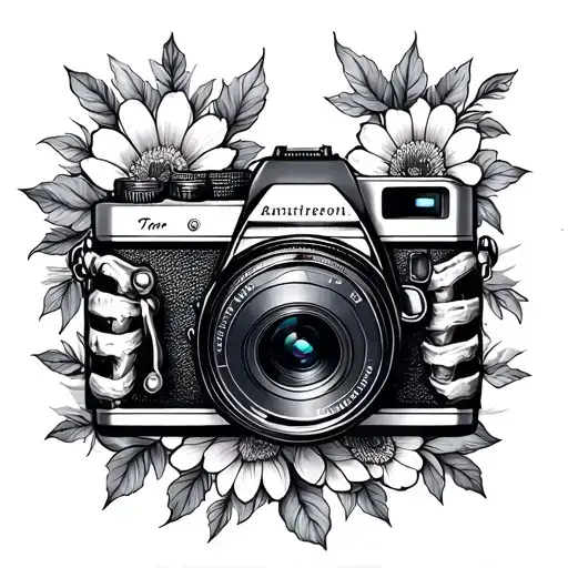 skeleton taking a photo, camera, picture, americana, flowers tattoo design idea