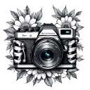 skeleton taking a photo, camera, picture, americana, flowers tattoo design idea