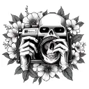 skeleton taking a photo, camera, picture, americana, flowers tattoo design idea