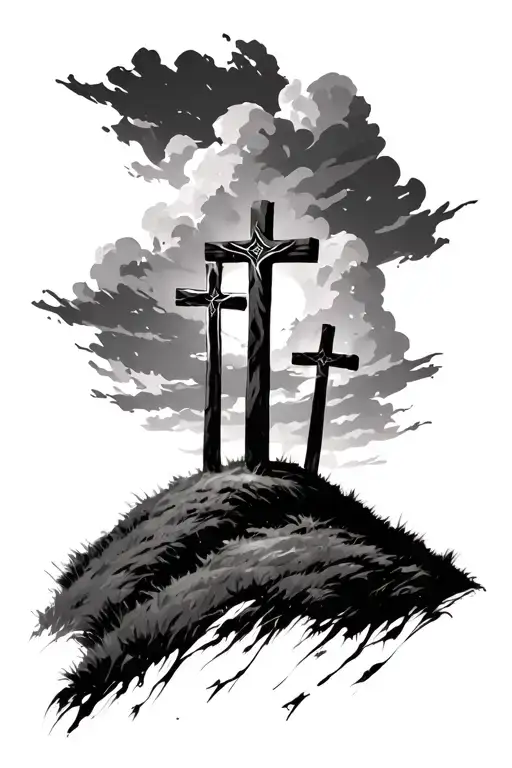3 crosses on a hill dark sky tattoo design idea