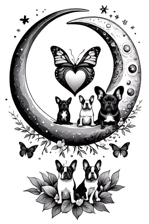 eternity symbols with British heart in middle , two paws,  half moon, and 2 frenchies sitting on the moon , 1 butterfly tattoo design idea