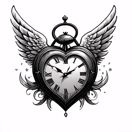 Wing heart clock tattoo design idea