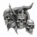 Create a tattoo. Three kings skulls connected with a rope through the eye sockets, Harley bar and shield with lightning  tattoo design idea