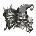 Create a tattoo. Three kings skulls connected with a rope through the eye sockets, Harley bar and shield with lightning  tattoo design idea