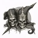Create a tattoo. Three kings skulls connected with a rope through the eye sockets, Harley bar and shield with lightning  tattoo design idea