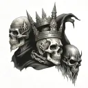 Create a tattoo. Three kings skulls connected with a rope through the eye sockets, Harley bar and shield with lightning  tattoo design idea