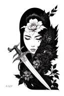 Crane flower sword tattoo design idea