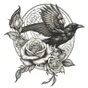 crow chasing the butterfly with a rose growing tattoo design idea