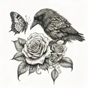 crow chasing the butterfly with a rose growing tattoo design idea