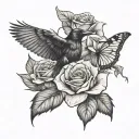 crow chasing the butterfly with a rose growing tattoo design idea