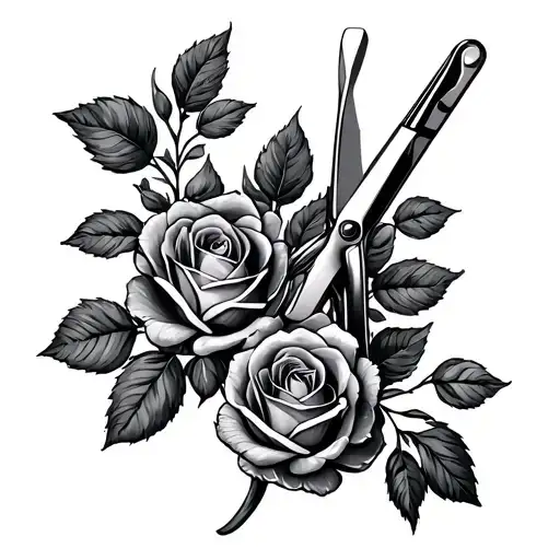 manicure nail clippers, nail file, these items are in the center, on the sides are rosebuds, All the elements are arrang tattoo design idea