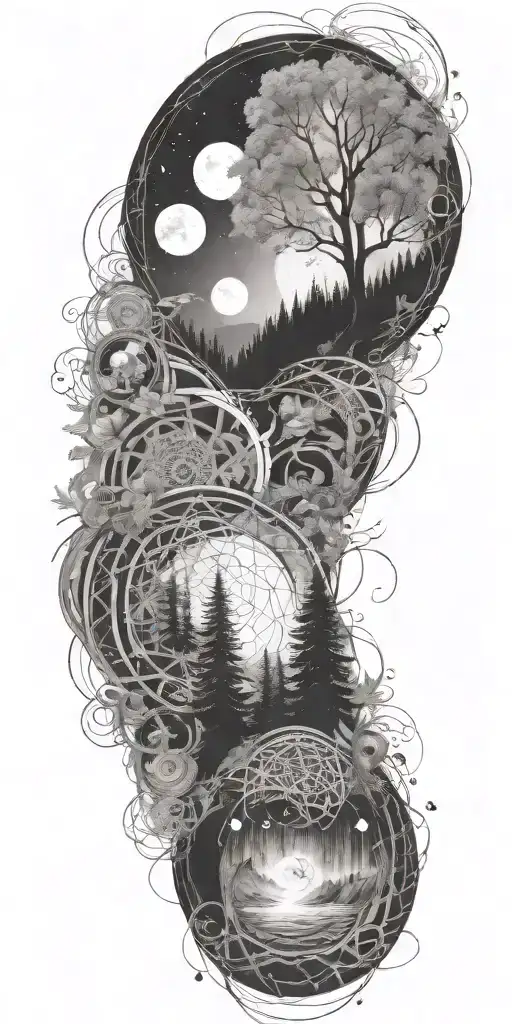 flowing waves, surrounded by a mystical forest scene, with subtle elements of sacred geometry and glowing stars in b&w tattoo design idea