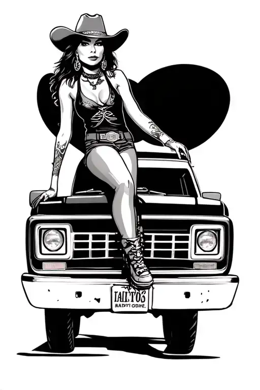 bandit cowgirl sitting on chevy truck parked tattoo design idea
