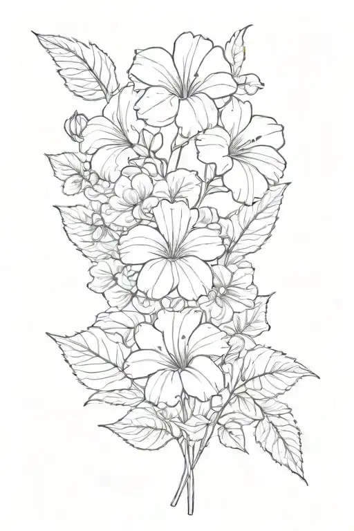SMALL dainty birthflower bouquet. MINIMALIST. FINELINE. 4 flowers: 2 violets 2 morning glories with foliage.  tattoo design idea