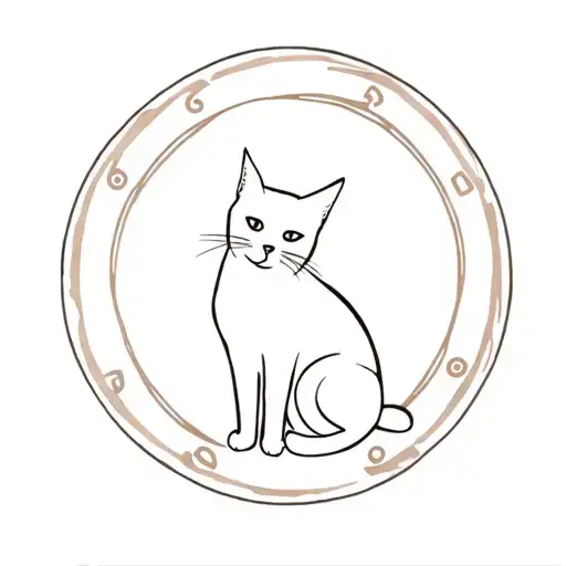 A minimalist cat outline sitting gracefully inside a thin circular border with a subtle Greek key (meander) pattern tattoo design idea