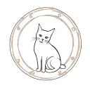 A minimalist cat outline sitting gracefully inside a thin circular border with a subtle Greek key (meander) pattern tattoo design idea