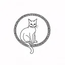 A minimalist cat outline sitting gracefully inside a thin circular border with a subtle Greek key (meander) pattern tattoo design idea
