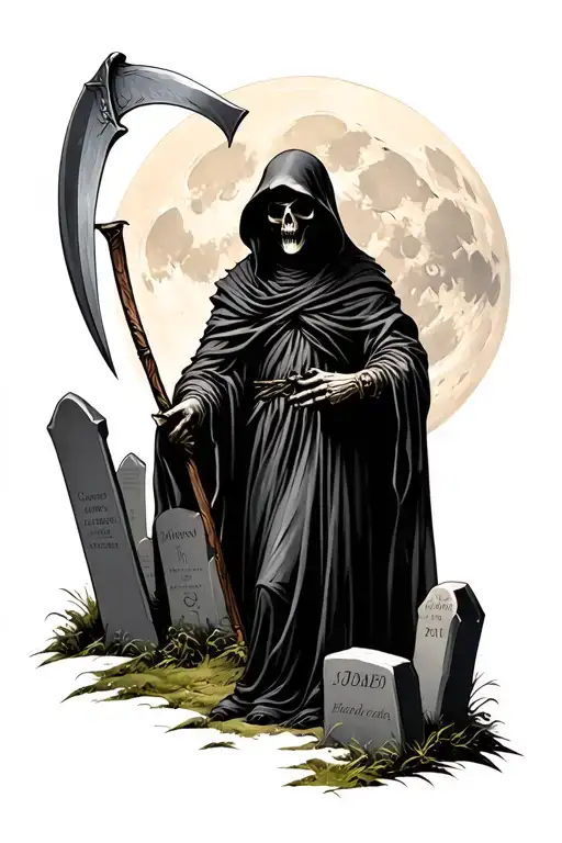 grim Reaper with scythe by tombstones under a full moon tattoo design idea