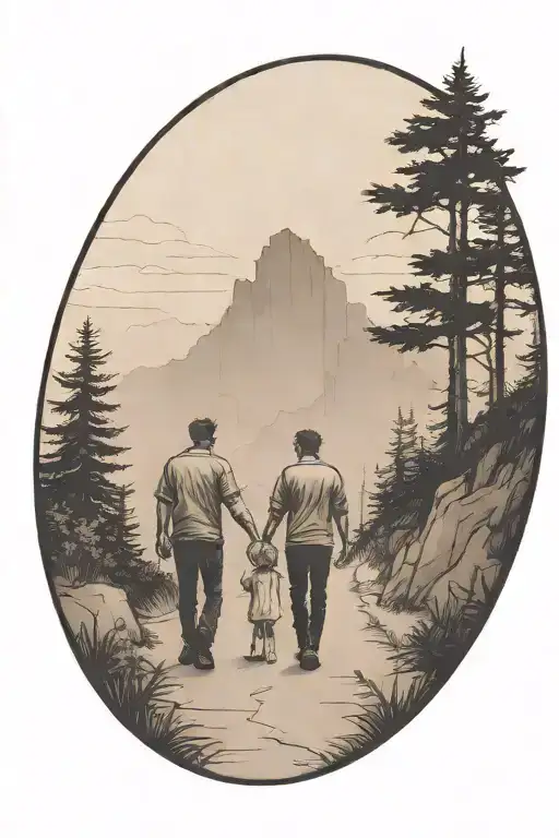 father in the middle holding hands with two small girls walking down the road with forest and cliffs in background tattoo design idea