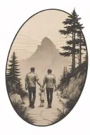 father in the middle holding hands with two small girls walking down the road with forest and cliffs in background tattoo design idea