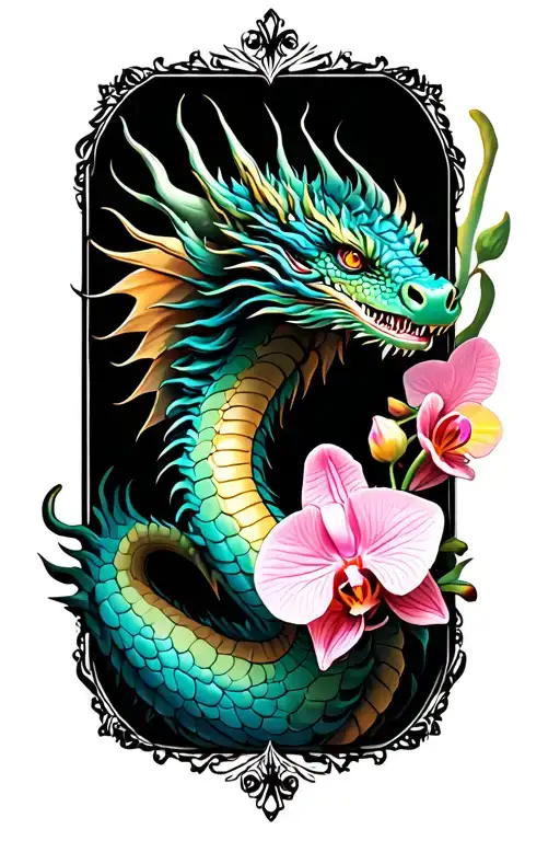 dragon with orchids  tattoo design idea