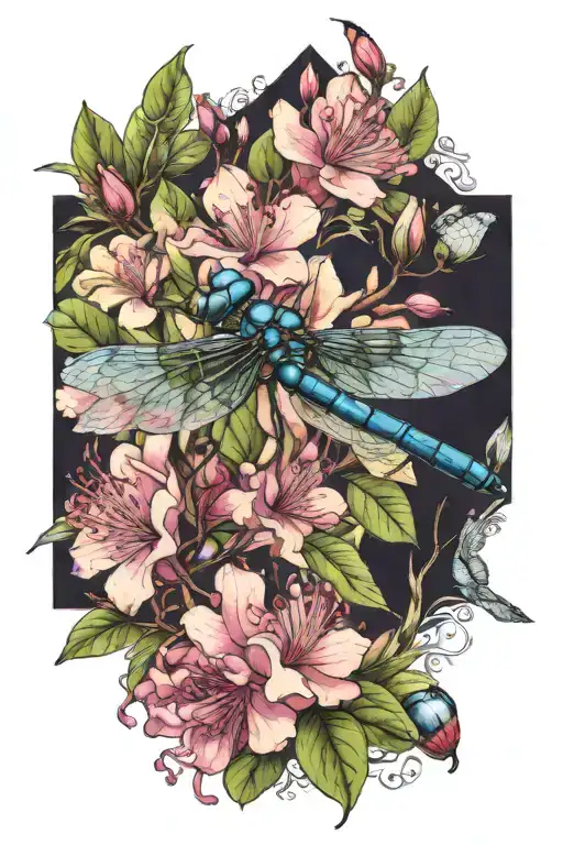 (elegant ebony jewel wing damselfly), surrounded by vibrant rhododendrons, delicate dogwoods, and lush mountain laurels tattoo design idea