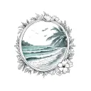 postage stamp frame with border waves in a beach scene inside and hibiscus on frame tattoo design idea