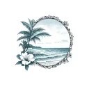 postage stamp frame with border waves in a beach scene inside and hibiscus on frame tattoo design idea