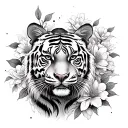 tigre avec buddha temple surrounded by blooming tattoo design idea