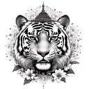tigre avec buddha temple surrounded by blooming tattoo design idea