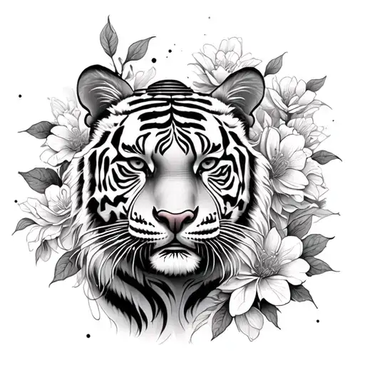 tigre avec buddha temple surrounded by blooming tattoo design idea