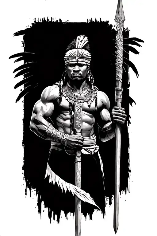 muscular African warrior with head head dress weilding a spear tattoo design idea