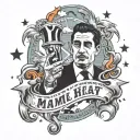 stomach: Flames at the bottom Miami heat logo on the left lucky Luciano with a wanted poster clouds with stars and a hig tattoo design idea