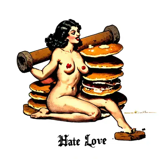 Naked woman gnaws a heavy bar, and on pancakes from the bar it is written Hate Love tattoo design idea