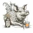 an intricate sailor Jerry style tattoo of  a pig enjoying a day drinking session with a whiskey bottle and daffodils  tattoo design idea