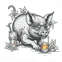 an intricate sailor Jerry style tattoo of  a pig enjoying a day drinking session with a whiskey bottle and daffodils  tattoo design idea