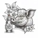 an intricate sailor Jerry style tattoo of  a pig enjoying a day drinking session with a whiskey bottle and daffodils  tattoo design idea