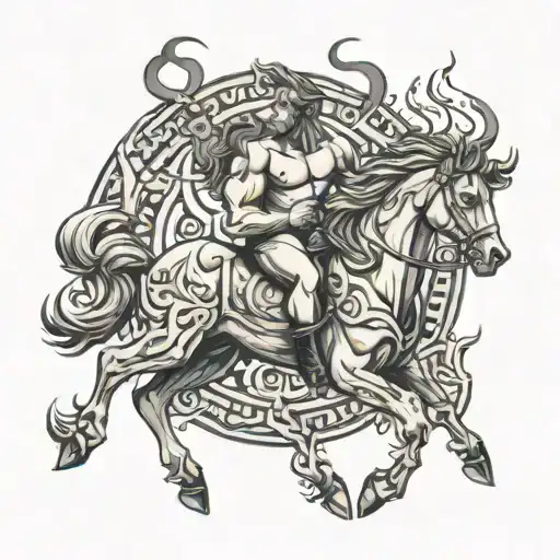 tattoo with the idea of a fierce Centaur battling his demons of drugs and alcohol while trying to maintain in a ring of  tattoo design idea