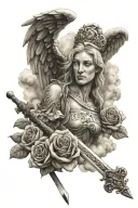  a guardian angel holding a sword, with the letters "NH60" inscribed on the sword and surrounded by Clouds and Roses  tattoo design idea