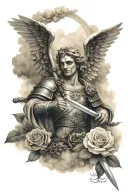  a guardian angel holding a sword, with the letters "NH60" inscribed on the sword and surrounded by Clouds and Roses  tattoo design idea