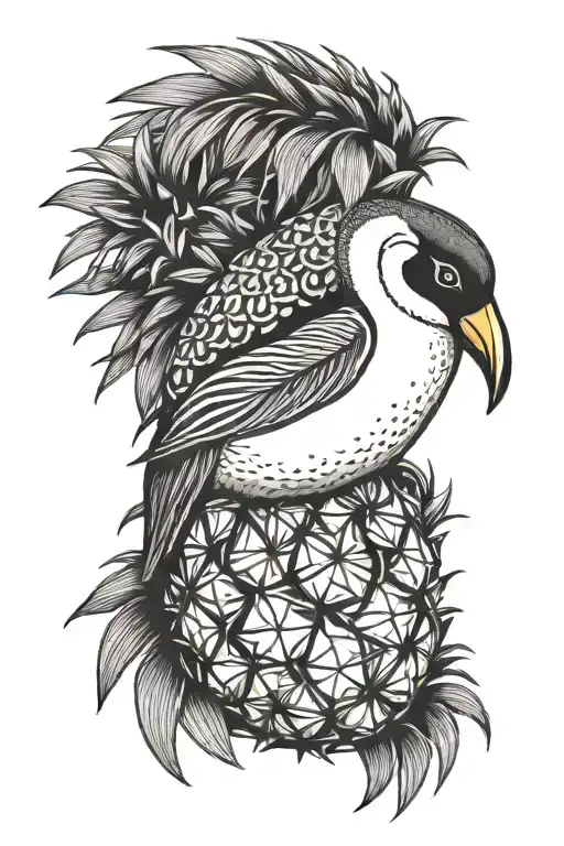penguin standing on a sideways pineapple tattoo design idea