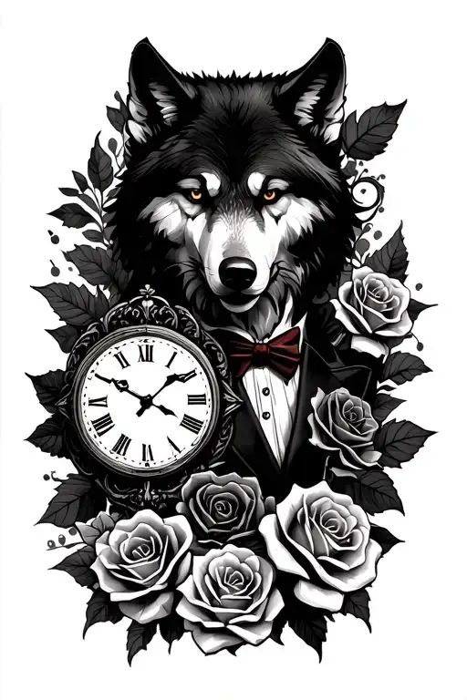 A tattoo that covers the entire forearm, a wolf and a joker surrounded by roses, leaves and an old clock. tattoo design idea
